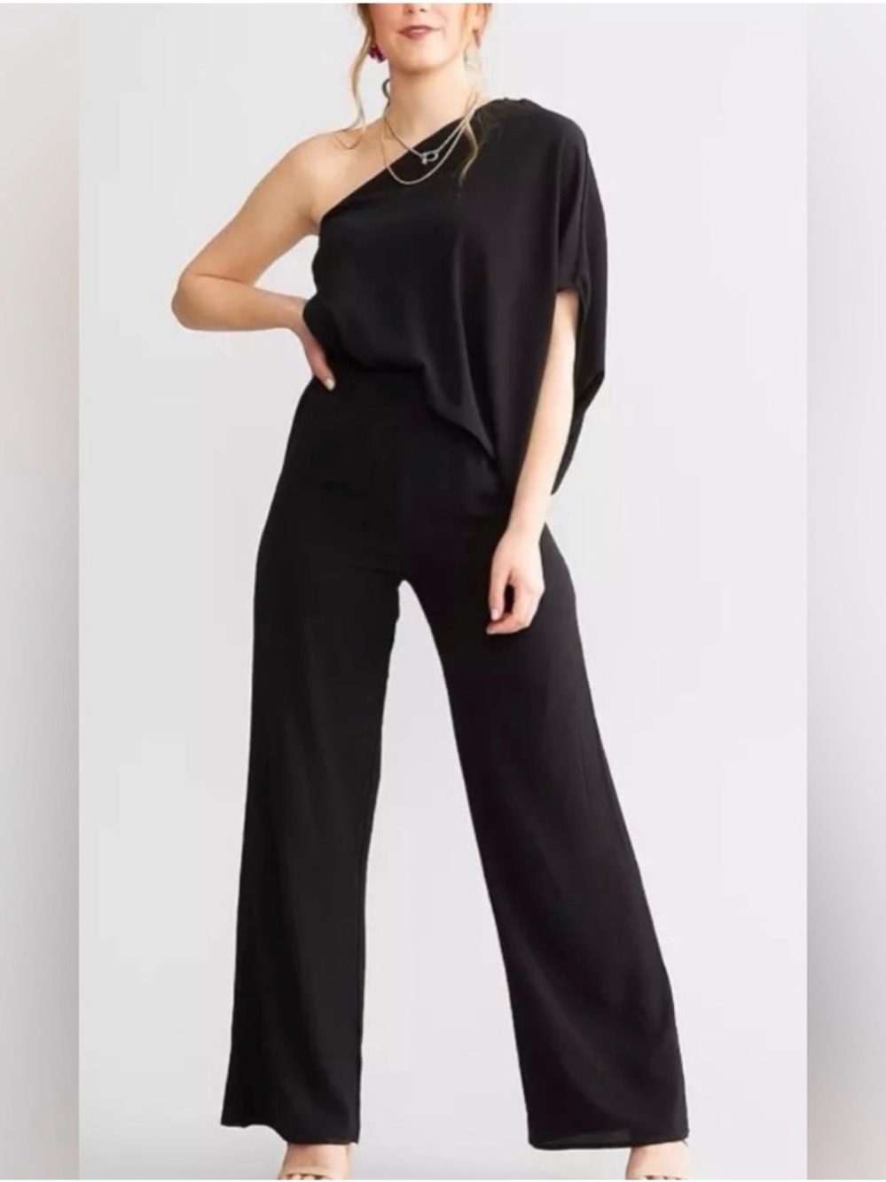 Vici Collections M One-Shoulder Black Wide-Leg Jumpsuit NWOT